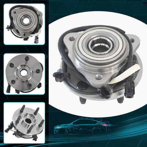 Front Wheel Hub And Bearing Assembly For Ford Ranger 2000 To 2002 XL XLT Edge And Mazda B3000 B4000 Base 5 Lug 4WD With ABS Two Piece Replacement Set with wiring harness close-up.