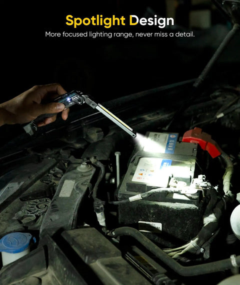 Person using Rechargeable Magnetic Work Light With 4000mAh Battery, 1200 Lumens, Hook Design to illuminate car engine