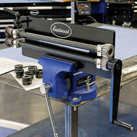Budget-Friendly 19 Inch Metal Bead Roller With Power Drive System And Dies For One-Person Operation mounted on workbench