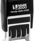 Slick S120 Self Inking Date Stamp With Black Ink And Half Inch Impression Size Featuring Finger Guard Band Shield for easy handling.