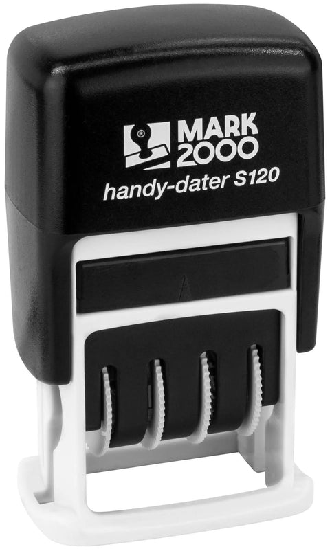 Slick S120 Self Inking Date Stamp With Black Ink And Half Inch Impression Size Featuring Finger Guard Band Shield for easy handling.