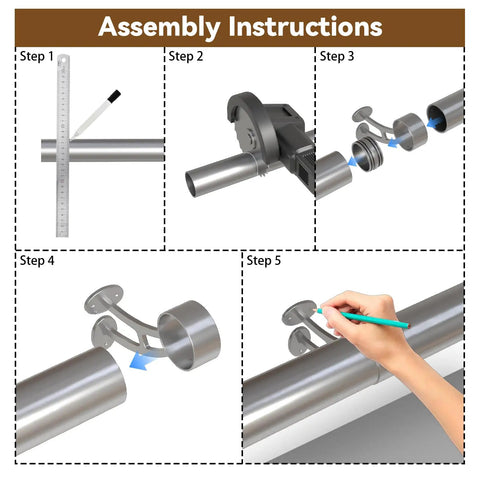 Assembly instructions for Premium Stainless Steel Bar Foot Rail Kit with heavy duty wall mount brackets and tubing.