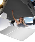 Slick Tight Custom Fit Sunshade For Tesla Model Y Juniper 2025 2026 Glass Roof in interior with grey seamless shade.