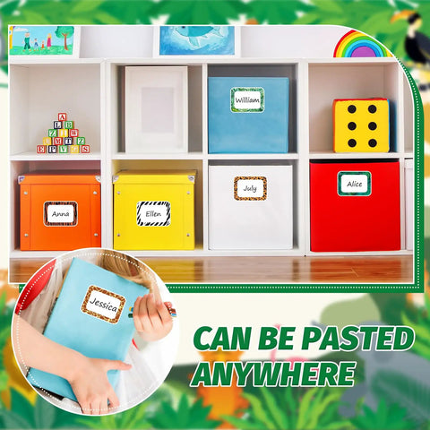 180 Pcs Animal Print Name Tag Stickers Self Adhesive Leopard Safari Labels on colorful storage bins in classroom