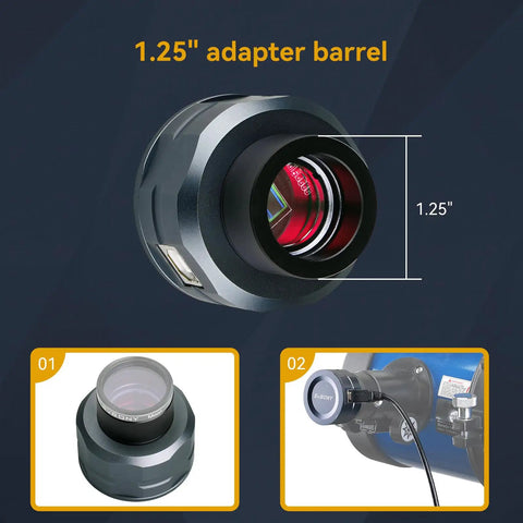1.25 Inch USB 2.0 IMX307 Color Astrophotography Camera For Telescopes, showing adapter barrel and telescope attachment