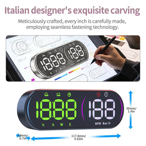Top Shelf Head Up Display For Rivian R2 2026 Digital Speedometer Projector sleek design, showcasing intricate details and measurements.