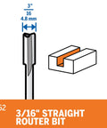 Pro Level 3/16 Inch Straight Router Bit Designed For Precision Routing Mortising And Inlay Applications With Kick Ass Durability Cutting Square Grooves Rabbets And Clean Edges showing size and cutting details.