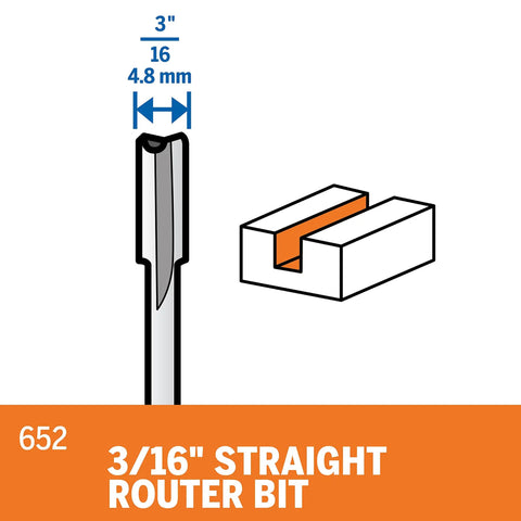 Pro Level 3/16 Inch Straight Router Bit Designed For Precision Routing Mortising And Inlay Applications With Kick Ass Durability Cutting Square Grooves Rabbets And Clean Edges showing size and cutting details.
