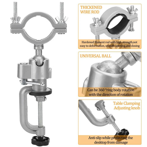 360 Degree Table Clamp Vise Drill Stand For Drill Grinder And Rotary Tool Adjustable Bench Mount with replaceable clamps.