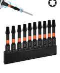 Front view of Torx T25 magnetic drill bit set, 10-pack, S2 steel with black bodies and orange collars in a holder