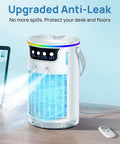 Four In One Portable Evaporative Air Cooler With Ice Water Cooling Mist beside laptop, showing blue mist and remote, 1200ml tank.