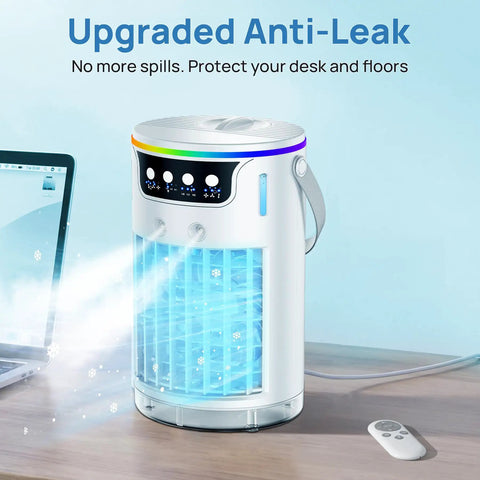 Four In One Portable Evaporative Air Cooler With Ice Water Cooling Mist beside laptop, showing blue mist and remote, 1200ml tank.