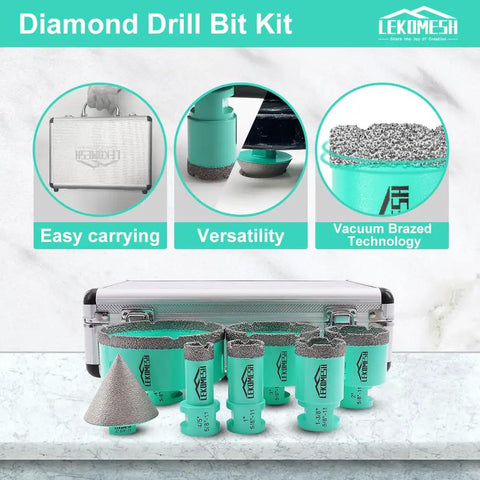 Diamond Tile Drill Bit Set 7Pc Pro Grade Heavy Duty Hole Saw Kit with carrying case and close-up of bits.