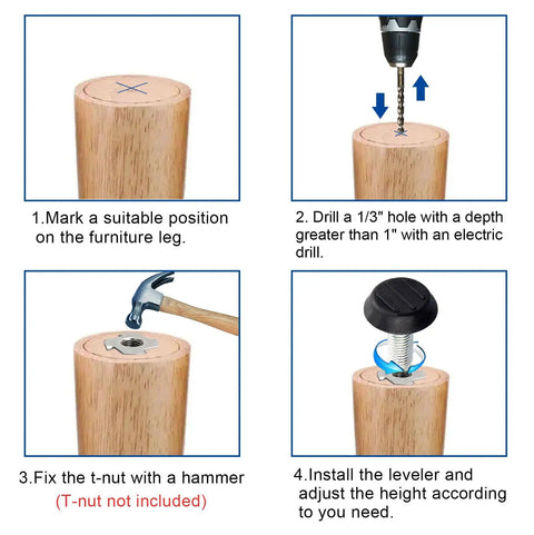 Installation steps for 1/4-20 UNC Thread Adjustable Furniture Levelers And Table Feet, Screw-In Foot Glides for leveling tables and chairs.