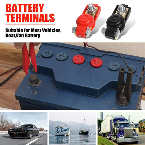 6 Pack Copper Battery Terminal Clamps Quick Release Connectors for Positive and Negative Terminals shown with battery and vehicles