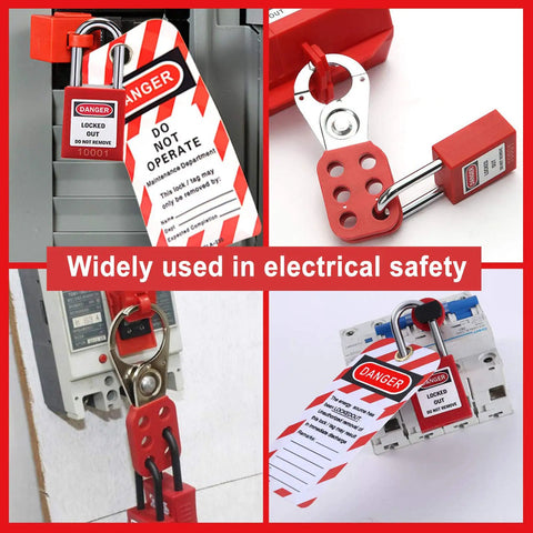 Pro Grade OSHA Lockout Tagout Kit, 19 Piece Electrical Safety Set in use with circuit breaker locks and safety padlocks