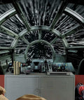 Star Wars Millennium Falcon Peel And Stick Wallpaper Mural For A Dope Room Makeover No Mess Easy To Install And Remove 10.5 Feet By 6 Feet Big Wall Decor showing Starship cockpit view over cabinet.