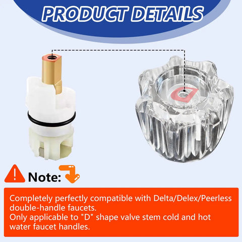 Clear Acrylic Faucet Handles Replacement Kit For Two-Handle Faucets showing compatibility with Delta, Delex, Peerless valves.