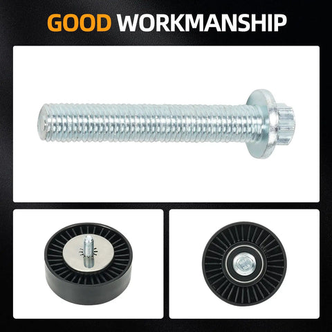 Serpentine Belt Tensioner Kit With Idler Pulley And Drive Belt For BMW 3.0L L6 2006 To 2013 with bolt and pulley details.