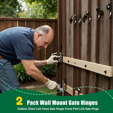 Man installing stainless steel gate hinges on a wooden gate
