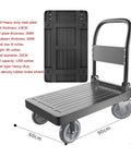 Heavy Duty Folding Platform Dolly Featuring 8 Inch Rubber Wheels And Locking Brakes, with steel plate and dimensions shown.