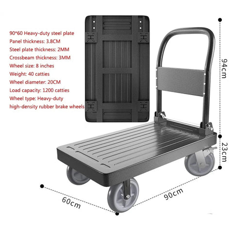 Heavy Duty Folding Platform Dolly Featuring 8 Inch Rubber Wheels And Locking Brakes, with steel plate and dimensions shown.