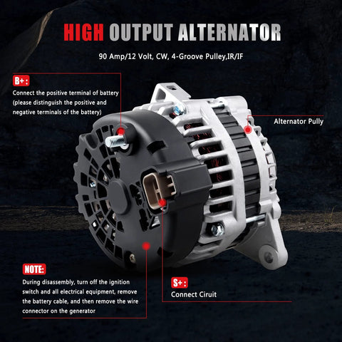 Close-up of New 90Amp 12V Plug And Play Alternator Replacement Compatible With Hyundai Accent 2006-2009 1.6L details and instructions
