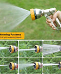 Collage of Heavy Duty 100 Percent Metal Hose Nozzle with 7 spray patterns, showing different spray options in use in a garden.