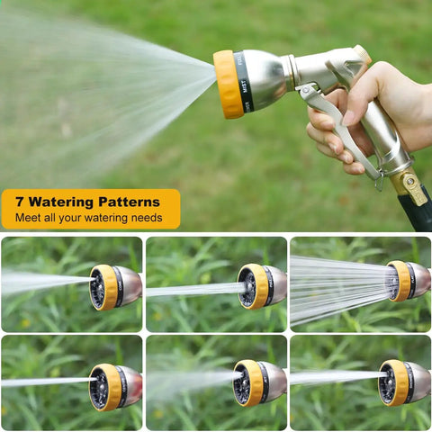 Collage of Heavy Duty 100 Percent Metal Hose Nozzle with 7 spray patterns, showing different spray options in use in a garden.