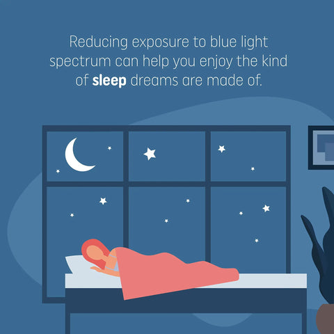 Illustration of a person sleeping, moonlit window backdrop, caption about reducing blue light for better sleep.