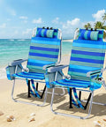 16 Inch Tall Beach Chairs For Adults 2 Pack Lightweight Backpack Camp Chairs With 5 Positions Cooler Bag Cup Holder Towel Rack And Storage Pockets Perfect For Camping Pool Patio Lawn And Outdoor Travel, blue striped on sandy beach