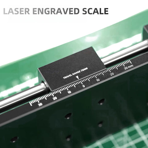 Close-up of laser marked scale on Manual Linear Stage With 75mm Rail Guide Sliding Table In Aluminum Alloy Body Rock Solid Anti Backlash Nut