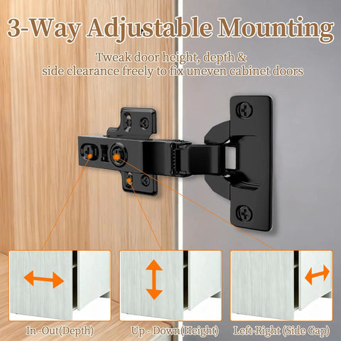 Zero Drama Soft Close Concealed Cabinet Hinges Full Overlay European Adjustable Frameless Door Mounts With Silent Hydraulic Damper Self Closing Kitchen Cupboard Hardware 10 Pack shown with 3-way adjustable mounting feature.