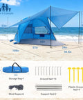 Pop Up Beach Tent With 360 Degree Removable Canopy For 4 To 6 People, shown on sandy beach, includes support rods and storage bag.