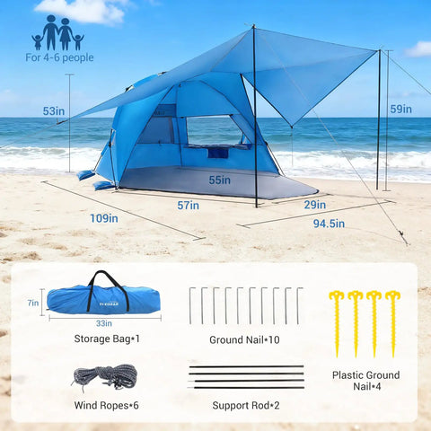 Pop Up Beach Tent With 360 Degree Removable Canopy For 4 To 6 People, shown on sandy beach, includes support rods and storage bag.