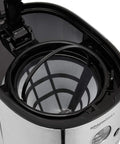 Top view of stainless steel Programmable Coffeemaker With Carafe And Reusable Filter, black lid open with filter inside.