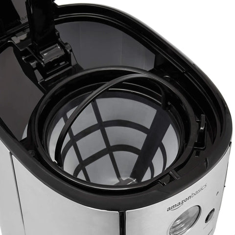 Top view of stainless steel Programmable Coffeemaker With Carafe And Reusable Filter, black lid open with filter inside.
