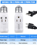 E26 Light Socket To Plug Adapter Converts Socket Into Grounded Three Prong Outlet While Keeping Bulb Holder Two In One