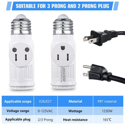 E26 Light Socket To Plug Adapter Converts Socket Into Grounded Three Prong Outlet While Keeping Bulb Holder Two In One
