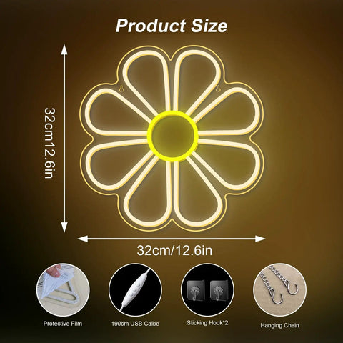 Flower Neon Sign Daisy Window Light LED Warm White For Bedroom Decor shown in 12.6x12.6 inches with accessories