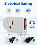 Grounded Outlet Extender With Easy Toggle On Off Switch Two Pack Three Prong Wall Tap Power Adapter Energy And Space Saving Plug For Lights And Small Appliances Red Indicator Light ETL Listed White with 15A 125V rating