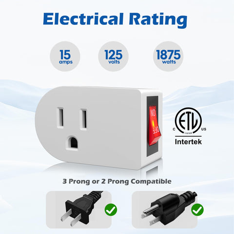 Grounded Outlet Extender With Easy Toggle On Off Switch Two Pack Three Prong Wall Tap Power Adapter Energy And Space Saving Plug For Lights And Small Appliances Red Indicator Light ETL Listed White with 15A 125V rating