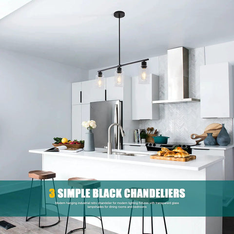 Three Light Modern Kitchen Island Pendant Light With Glass Shades Slick Black Metal Finish over a white kitchen island