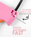 Close-up of pink handheld stitch gun showing needle, labeled for quick clothing fixes, part of 6 needles and 2000 fasteners set.