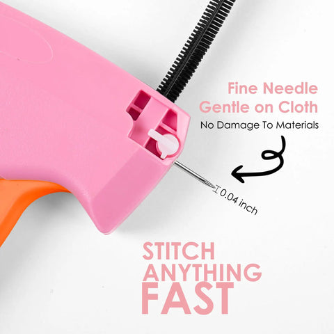 Close-up of pink handheld stitch gun showing needle, labeled for quick clothing fixes, part of 6 needles and 2000 fasteners set.