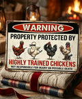 "Warning Highly Trained Chickens Tin Sign For Chicken Coops And Farm Decor Funny Backyard Fence Sign Gag Gift For Chicken Lovers Weather Resistant Metal 8x12 Inch Outdoor Wall Plaque" displayed on a festive table.
