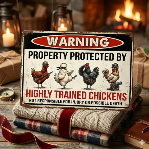 "Warning Highly Trained Chickens Tin Sign For Chicken Coops And Farm Decor Funny Backyard Fence Sign Gag Gift For Chicken Lovers Weather Resistant Metal 8x12 Inch Outdoor Wall Plaque" displayed on a festive table.