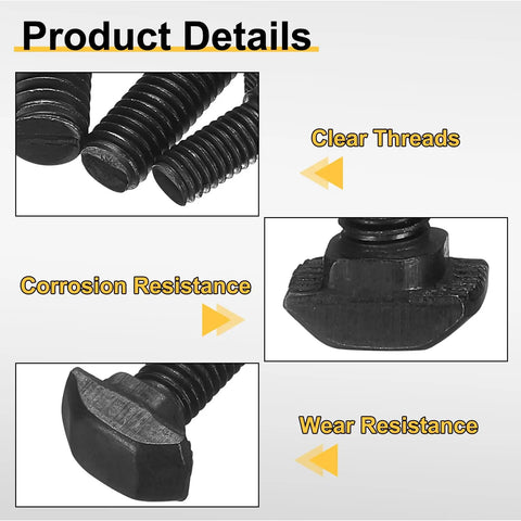 12 Piece Heavy Duty M6 T Slot Drop In Bolts Black Carbon Steel Hammer Head Sliding Screws With Hex Flange Nuts close-up showing clear threads, corrosion and wear resistance.