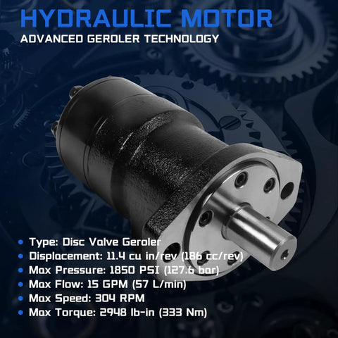 Beast Hydraulic Motor 103-1037 Replacement for Eaton Char-Lynn S Series With 11.4 Cu In Per Rev Displacement and 304 RPM High Torque Low Speed Orbital Powerhouse for Construction, Agriculture, and Mining hydraulic motor, black disc valve geroler, steel shaft
