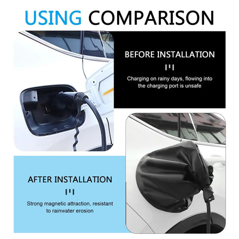 Magnetic EV Charger Port Cover For Your Daily Rig Heavy Duty Waterproof Shield Guards Electric Vehicle Plug Before and After Installation.